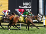 Jockeys in red, green, and white silks race side by side on sprinting horses, on a grassy track with a large black sponsor sign behind them.