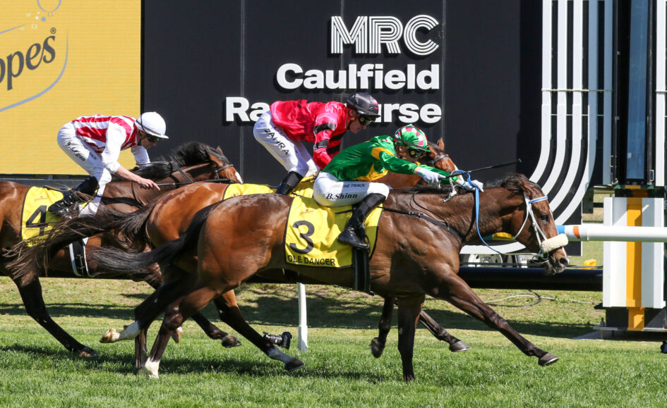 Jockeys in red, green, and white silks race side by side on sprinting horses, on a grassy track with a large black sponsor sign behind them.