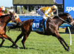 Two jockeys race on brown horses on a grassy track, wearing orange and yellow silks, with blue rails in the background.