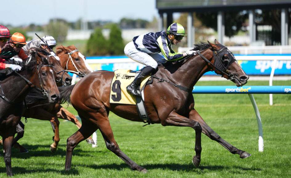 Jockey in neon green and black silks riding a bay horse at full gallop during a race on a sunny track infield.