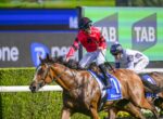 Jockey in red silks on a brown racehorse at full gallop during a race, with another rider in white behind and advertising boards in the background.