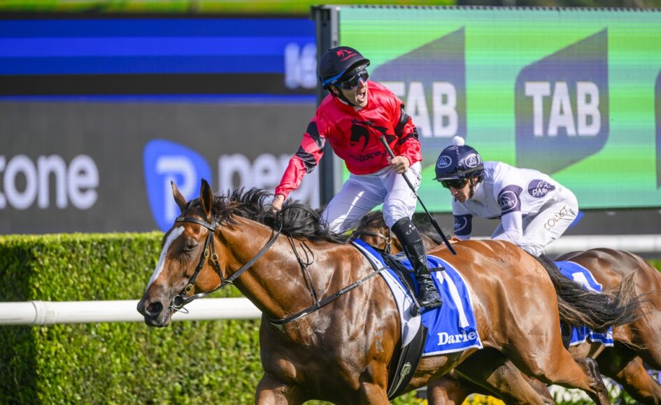 Jockey in red silks on a brown racehorse at full gallop during a race, with another rider in white behind and advertising boards in the background.