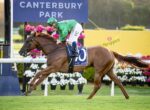 Horse and jockey sprinting on a Canterbury Park track, wearing green silks and white pants, number 5 bib visible.