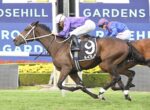 Two jockeys race a brown horse toward the finish line at Rosehill Gardens with a blue sign in the background.