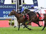 Two jockeys on horses leap over a hurdle during a race at Rosehill Gardens, foregrounding green turf and red barriers.
