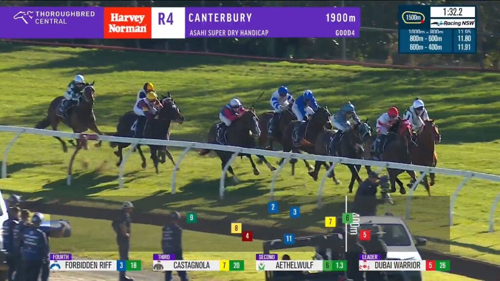Horse race on a grass track with jockeys in colorful silks; banners show Harvey Norman R4 Canterbury 1900m at top-left/center