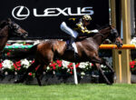 Jockey in black-and-yellow silks rides a dark brown horse at full speed in a race, Lexus banner in background.