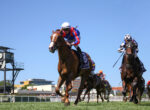 Jockeys on galloping horses jumping a hurdle during a daytime horse race on a grass track under a clear blue sky, with a viewing tower on the left.