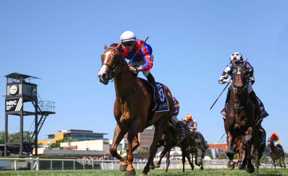 Jockeys on galloping horses jumping a hurdle during a daytime horse race on a grass track under a clear blue sky, with a viewing tower on the left.