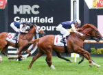Two jockeys ride racing horses in a fast, close finish at Caulfield Racecourse with a large Caulfield sign in the background.