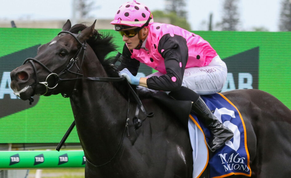 Jockey wearing a pink polka-dot helmet and matching pink shirt rides a dark horse during a race, with a green track barrier in the background.