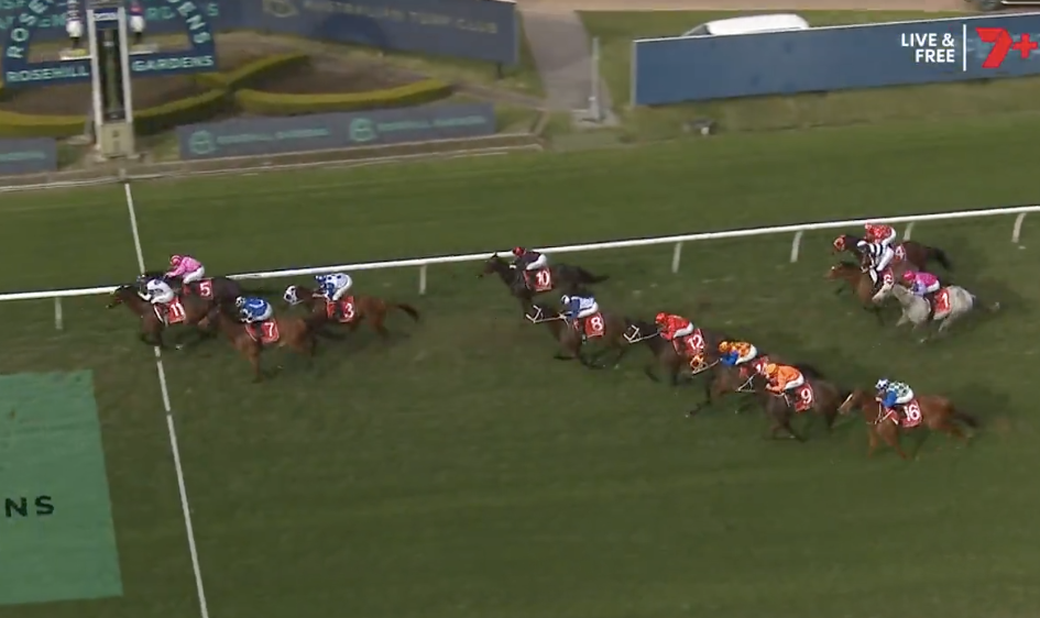 Horse race in progress with a pack of jockeys close together near the finish line on a grassy track.