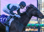 Jockey in blue and gray silks riding a dark horse during a race, leaning forward with goggles on.
