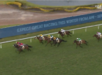 Horses and jockeys sprint along a turf racecourse near the inner rail with a blue advertising banner in the background.