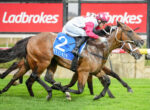 Two jockeys on brown horses sprint neck-and-neck on a green turf, with a red Ladbrokes sign in the background.