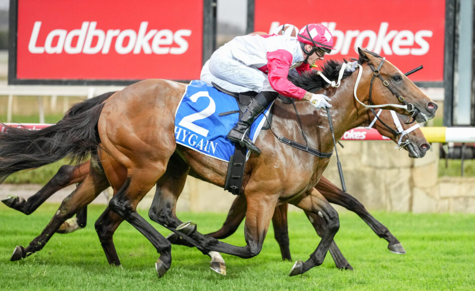 Two jockeys on brown horses sprint neck-and-neck on a green turf, with a red Ladbrokes sign in the background.