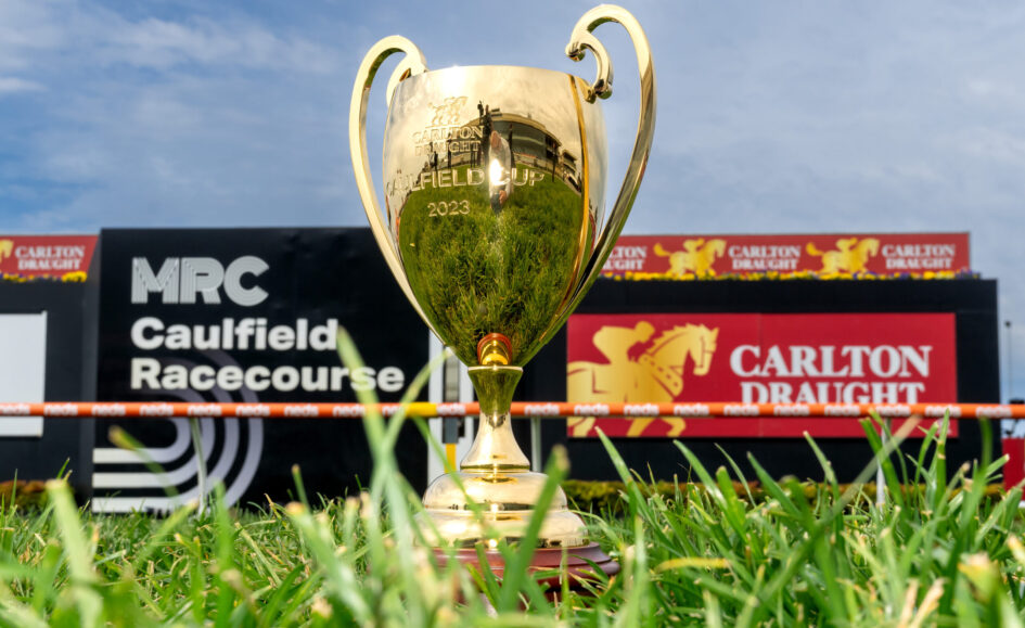 Gold trophy on a podium at a racecourse, with Carlton Draught banners and a blue sky in the background. Grass is in the foreground.