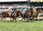 Jockeys in colorful silks race side by side on thoroughbreds with stands and spectators in the background.